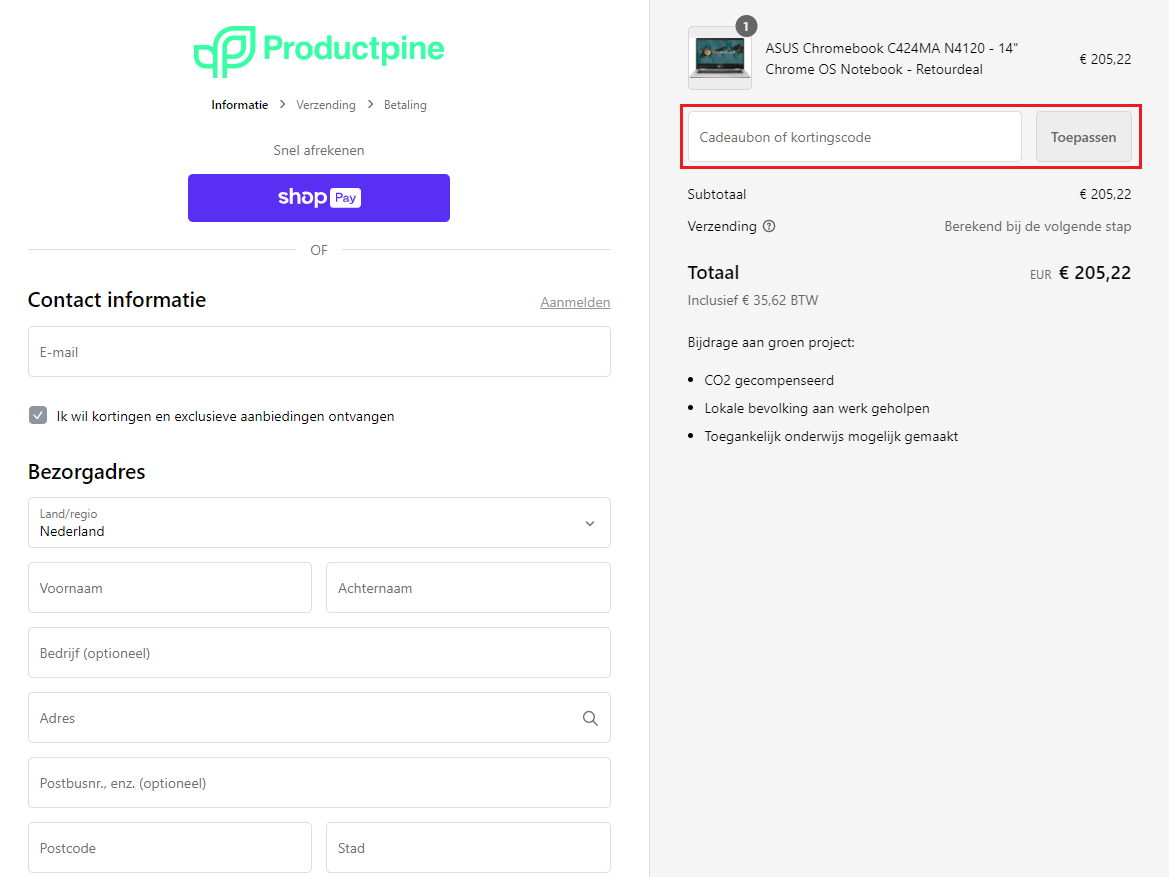 Productpine kortingscode gebruiken
